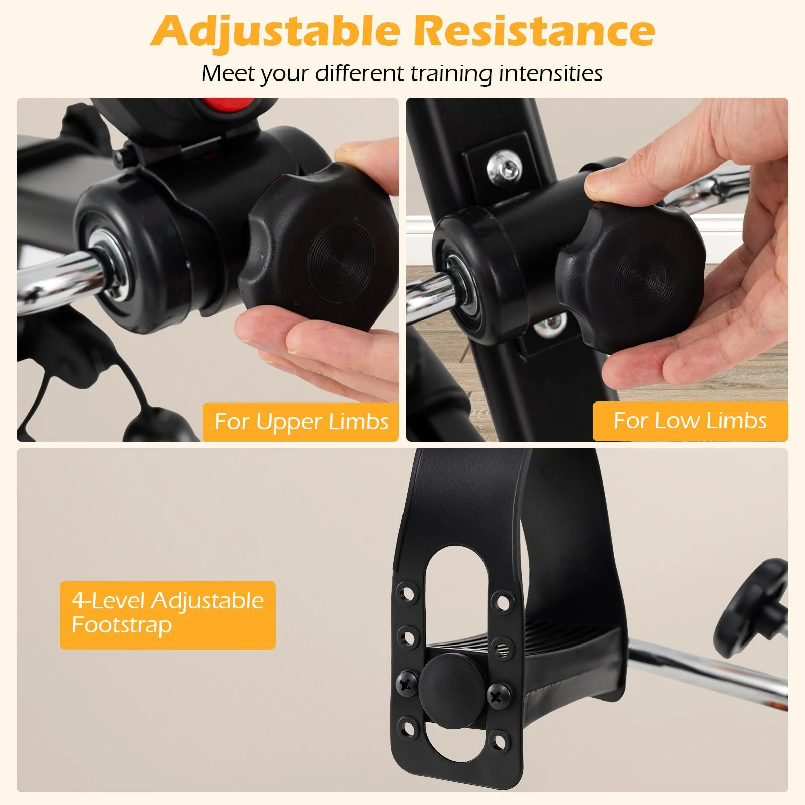 Pedal Exerciser with Adjustable Resistance for Arm and Leg Workout-Orange - Image 3