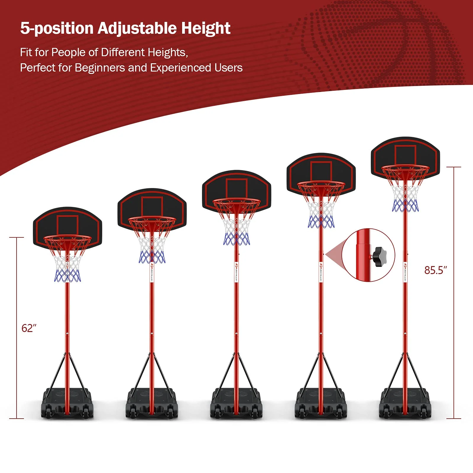 Portable Basketball Hoop, Height Adjustable Basketball Goal System [6.5FT-8.5FT] w/Shatterproof Backboard - Image 3