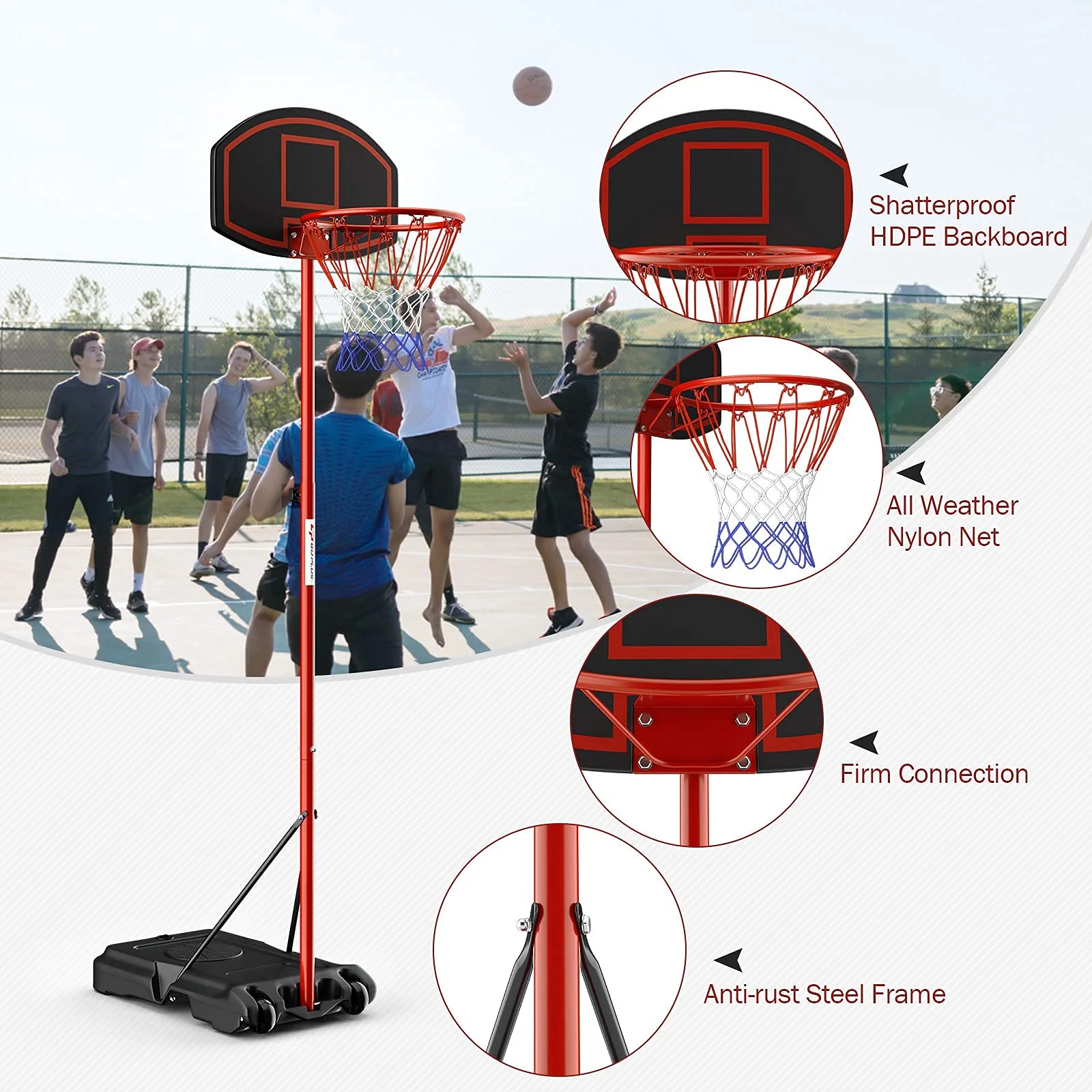 Portable Basketball Hoop, Height Adjustable Basketball Goal System [6.5FT-8.5FT] w/Shatterproof Backboard - Image 7