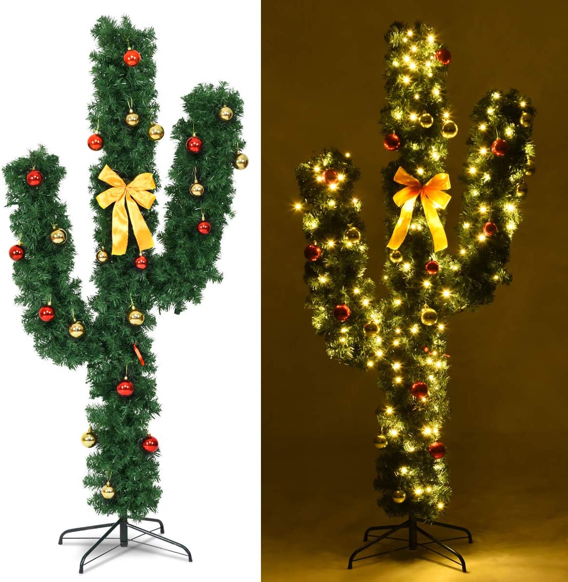 Pre-Lit Artificial Cactus Christmas Tree with LED Lights and Ball Ornaments - Image 3