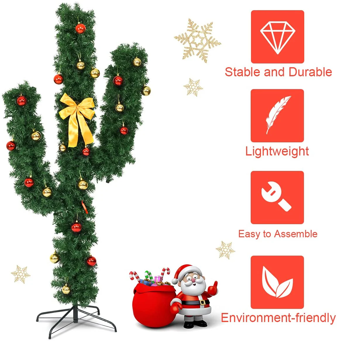 Pre-Lit Artificial Cactus Christmas Tree with LED Lights and Ball Ornaments - Image 4