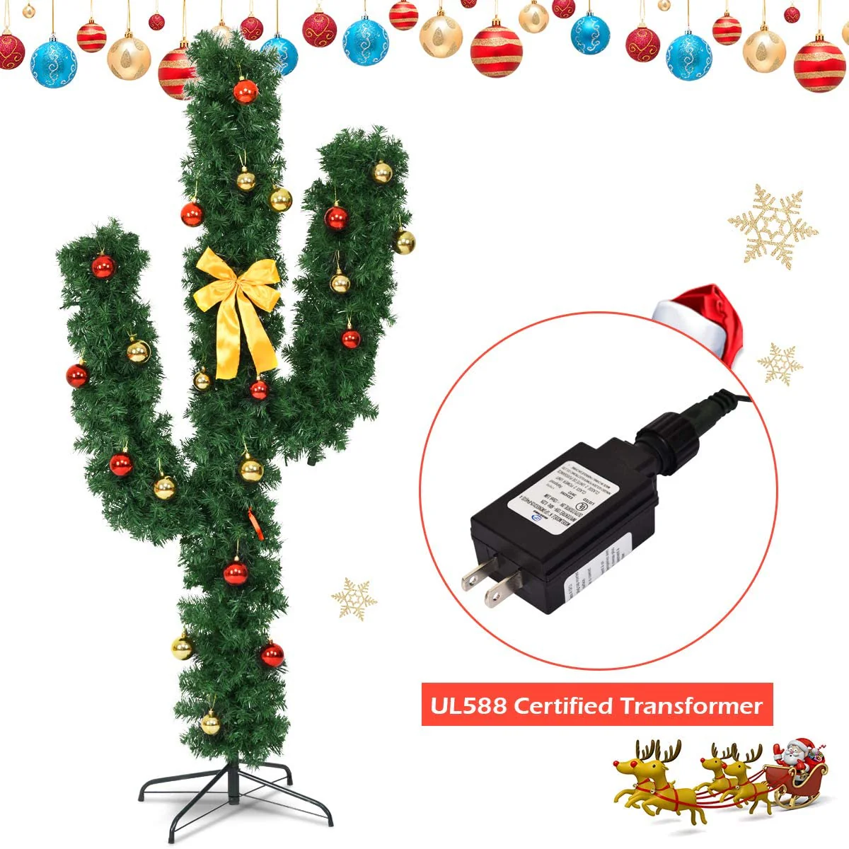 Pre-Lit Artificial Cactus Christmas Tree with LED Lights and Ball Ornaments - Image 7