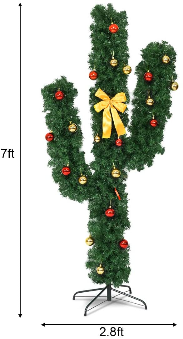 Pre-Lit Artificial Cactus Christmas Tree with LED Lights and Ball Ornaments - Image 8