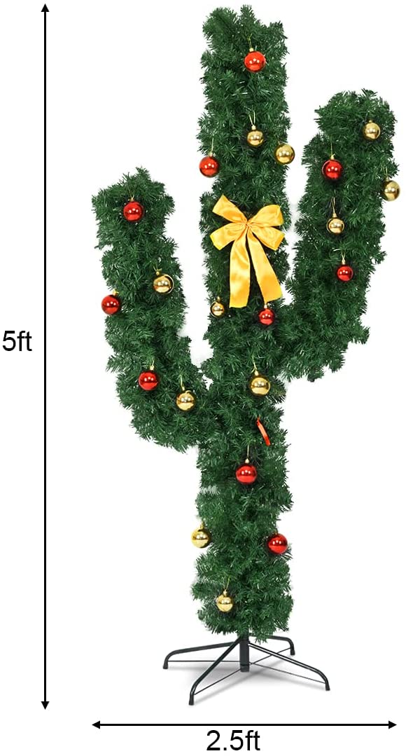Pre-Lit Artificial Cactus Christmas Tree with LED Lights and Ball Ornaments - Image 9