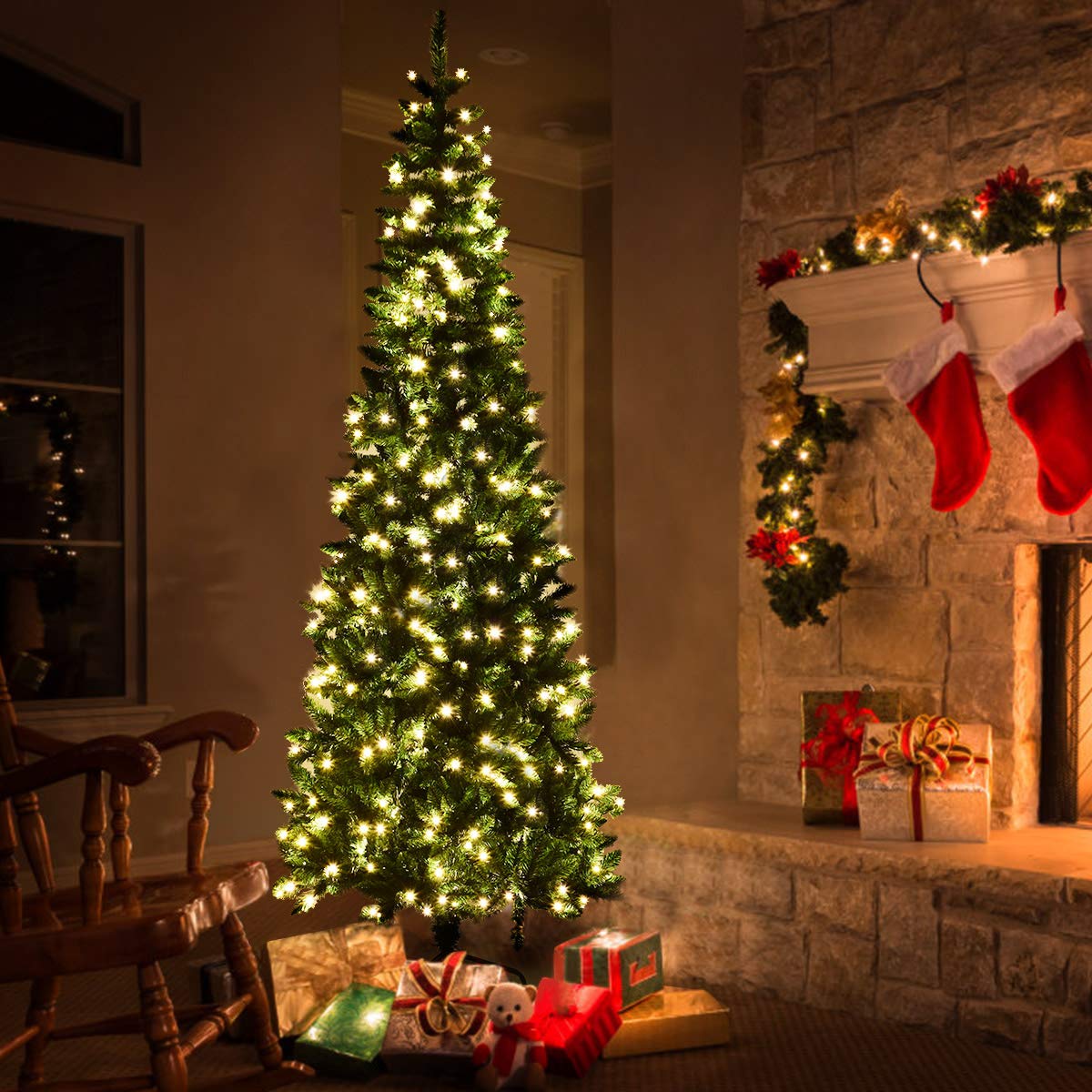 Prelit Pencil Christmas Tree, Premium Hinged Fir Tree - Image 2