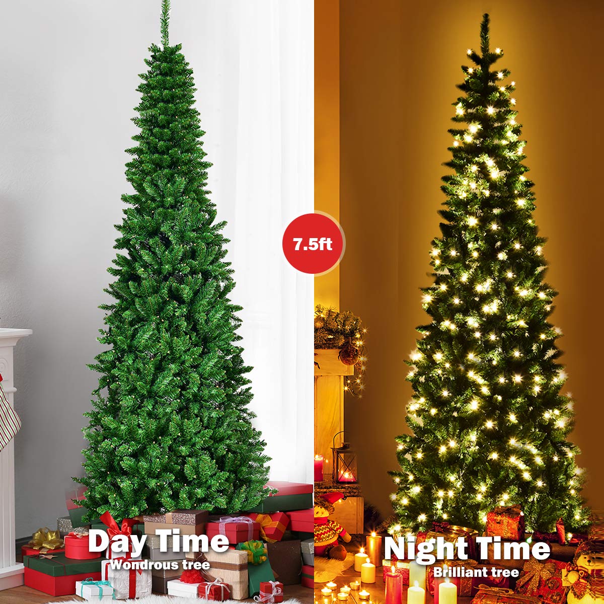 Prelit Pencil Christmas Tree, Premium Hinged Fir Tree - Image 3
