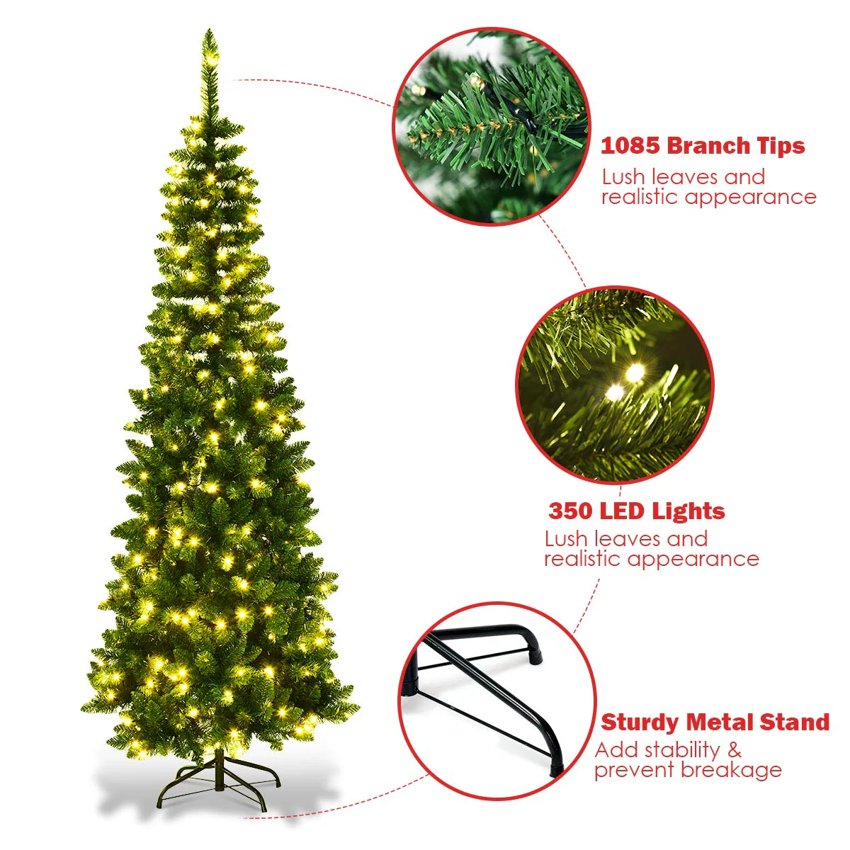 Prelit Pencil Christmas Tree, Premium Hinged Fir Tree - Image 5
