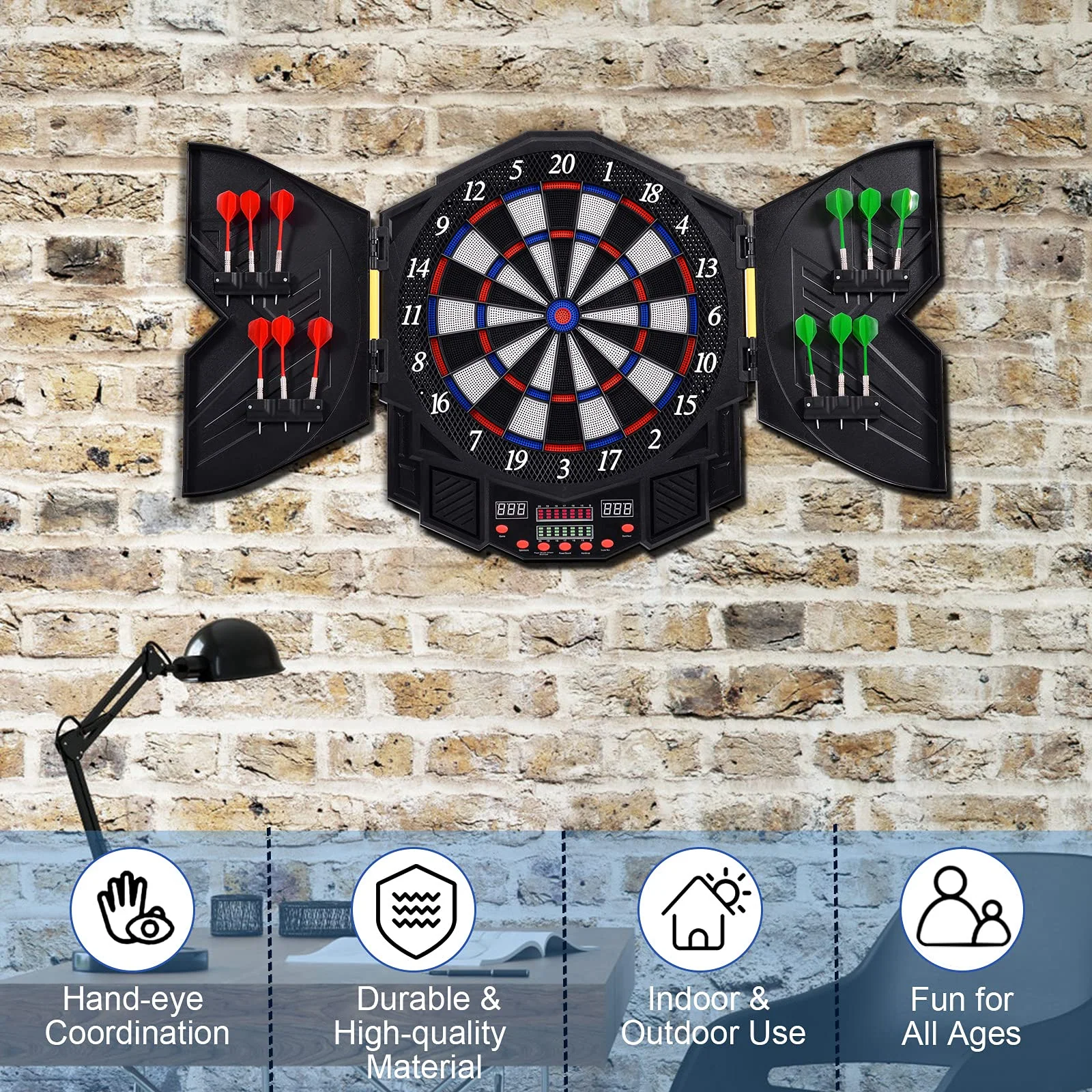 Professional Electronic Dart Board Cabinet Set Dartboard Game Room LED Display - Image 6