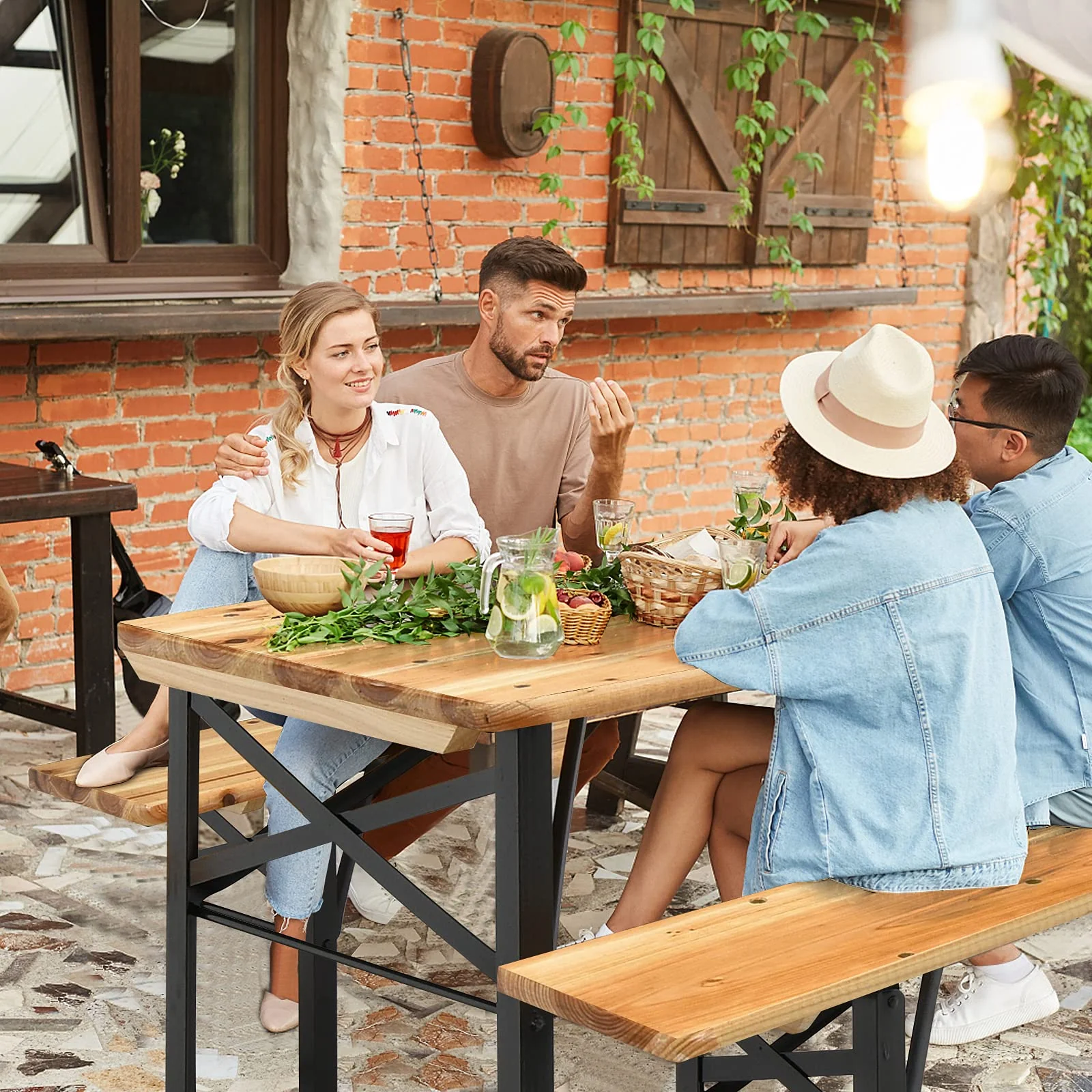 Goplus 70" 3-Piece Portable Folding Picnic Table Bench Set, Portable Picnic Beer Table w/Wooden Tabletop - Image 2