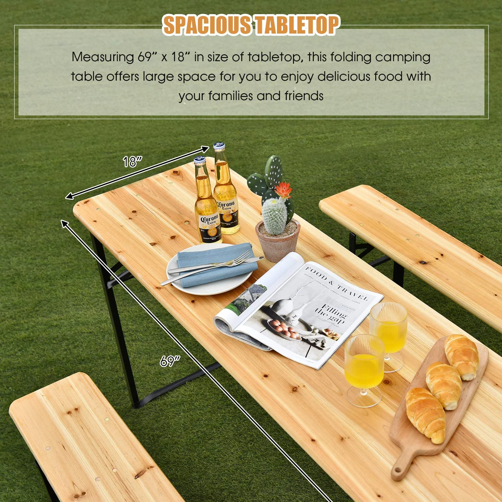 Goplus 70" 3-Piece Portable Folding Picnic Table Bench Set, Portable Picnic Beer Table w/Wooden Tabletop - Image 4