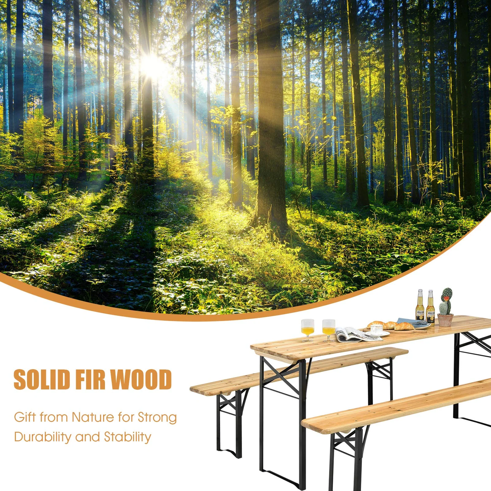 Goplus 70" 3-Piece Portable Folding Picnic Table Bench Set, Portable Picnic Beer Table w/Wooden Tabletop - Image 5
