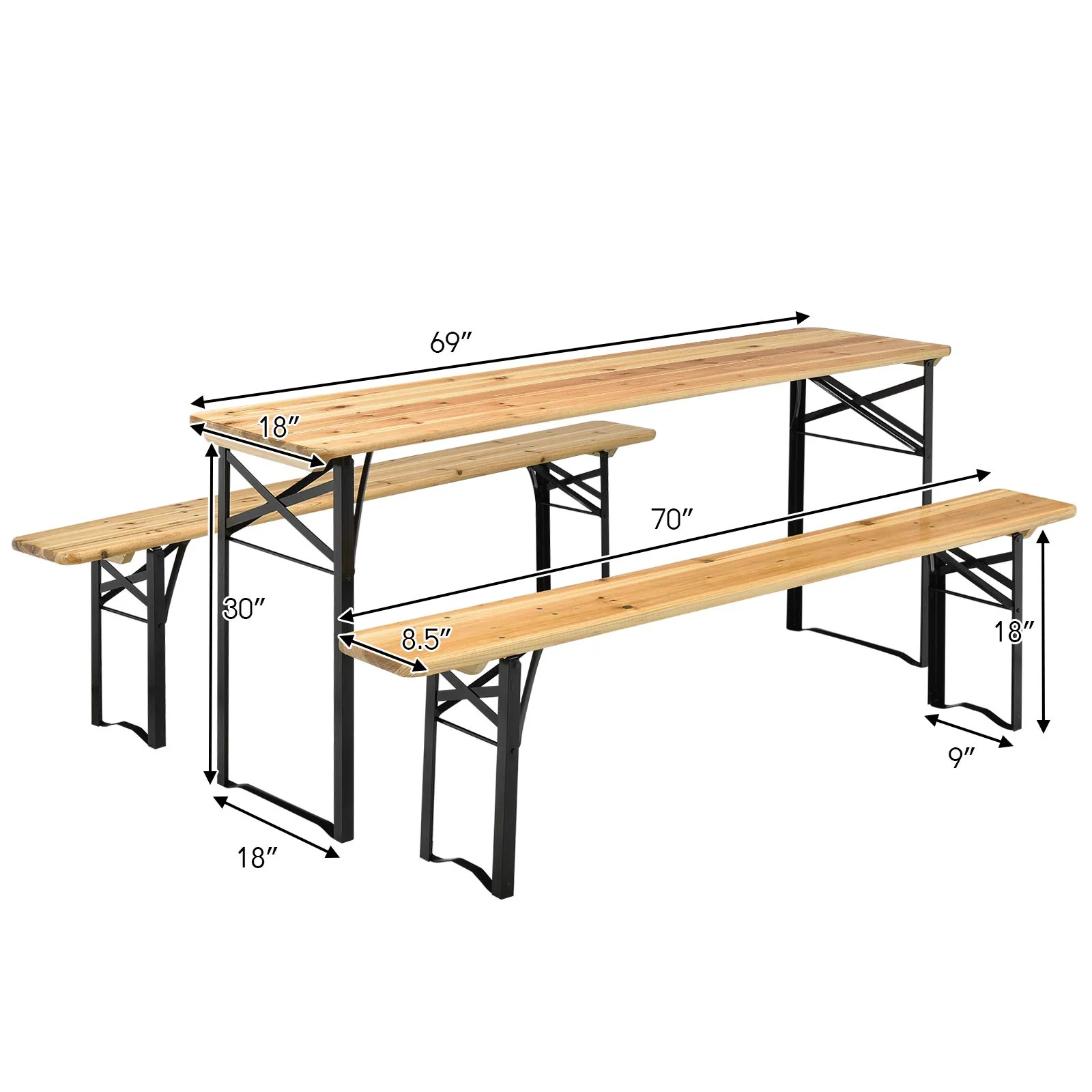 Goplus 70" 3-Piece Portable Folding Picnic Table Bench Set, Portable Picnic Beer Table w/Wooden Tabletop - Image 7
