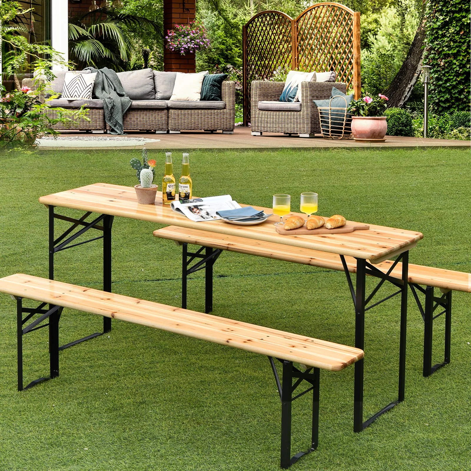 Goplus 70" 3-Piece Portable Folding Picnic Table Bench Set, Portable Picnic Beer Table w/Wooden Tabletop - Image 8