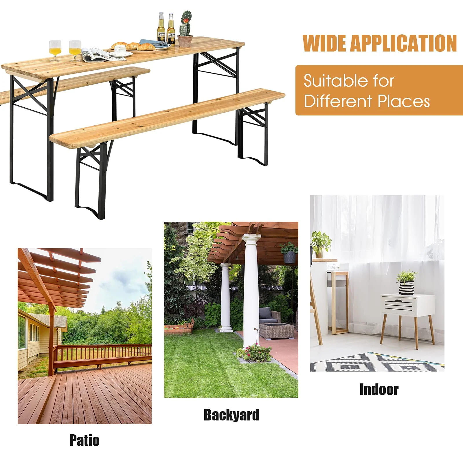 Goplus 70" 3-Piece Portable Folding Picnic Table Bench Set, Portable Picnic Beer Table w/Wooden Tabletop - Image 9