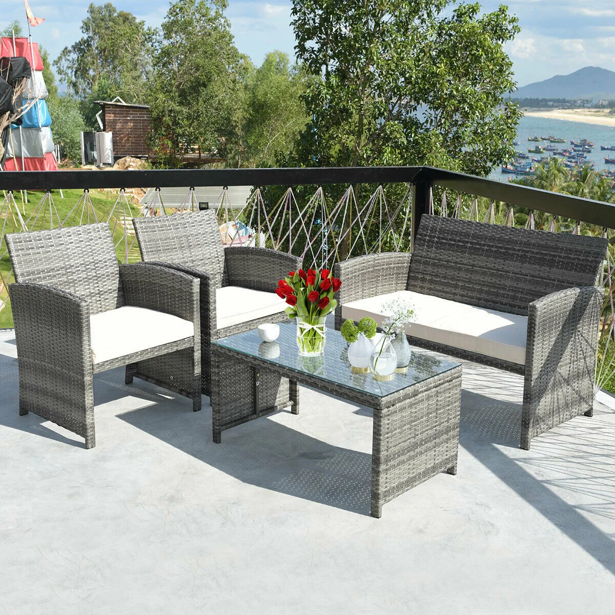 Goplus 4-Piece Rattan Patio Furniture Set, Wicker Rattan Furniture Set - Image 3