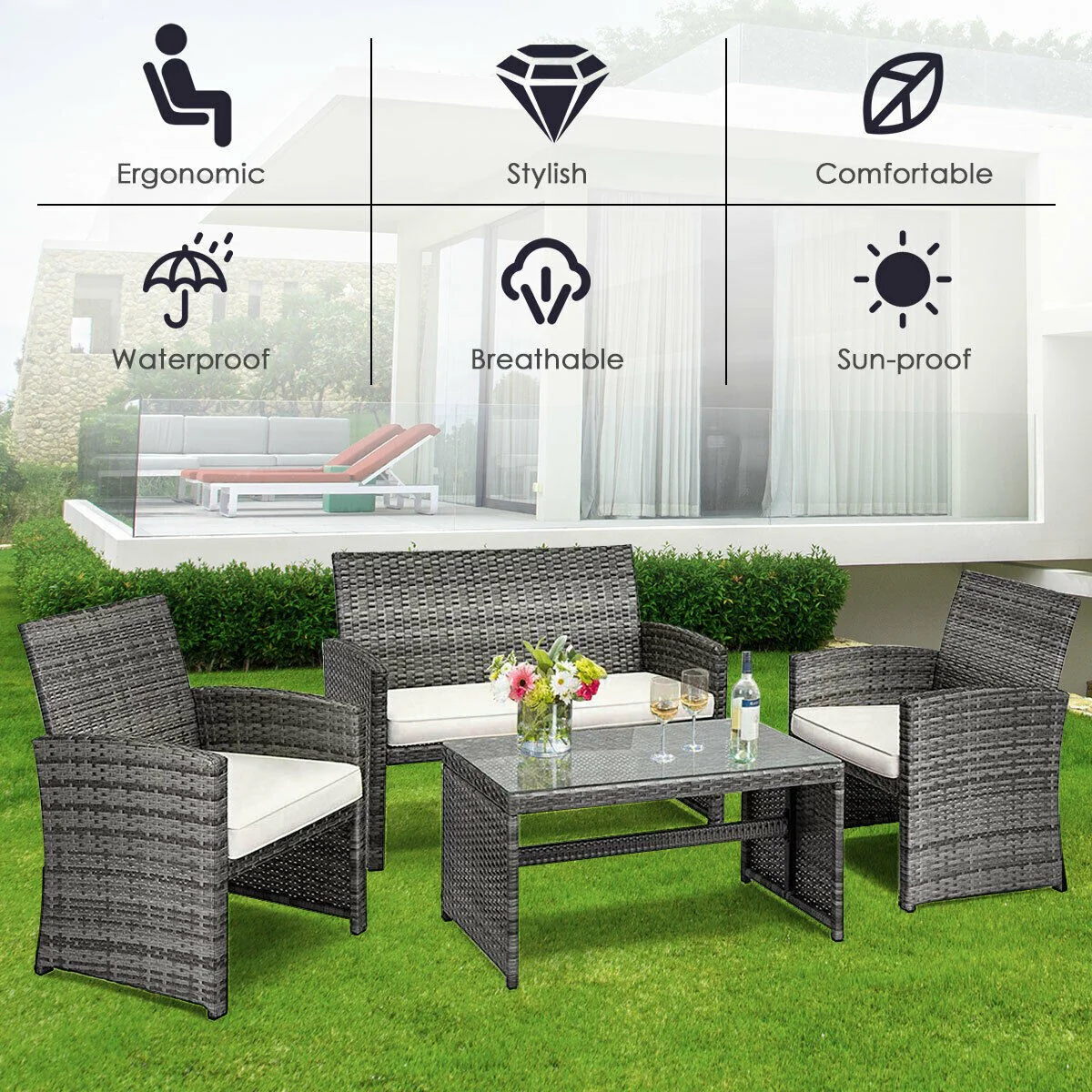 Goplus 4-Piece Rattan Patio Furniture Set, Wicker Rattan Furniture Set - Image 8