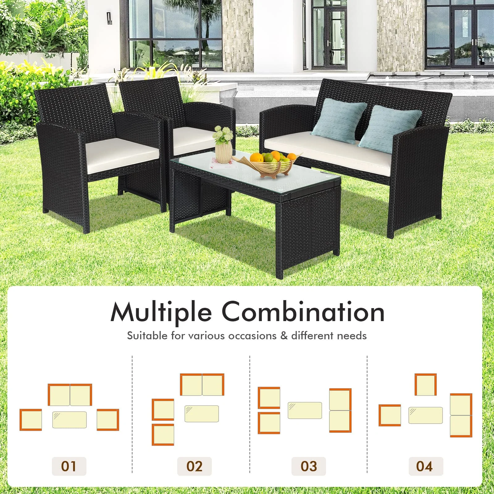 Rattan Patio Furniture Set, Outdoor Wicker Conversation Sofa - Image 4