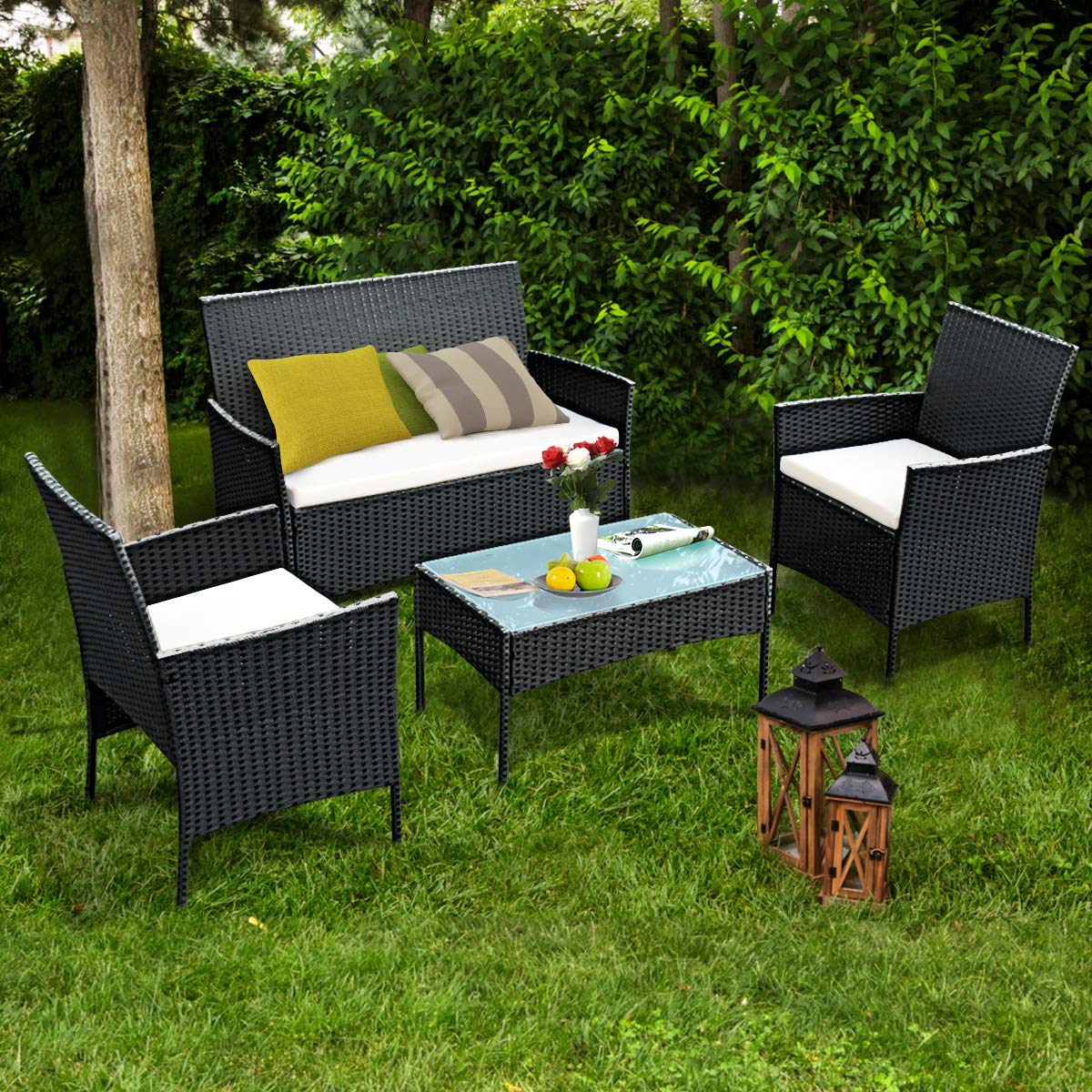 Rattan Sofa Furniture Set Outdoor Garden Patio 4-Piece Cushioned Seat Wicker (Black) - Image 3
