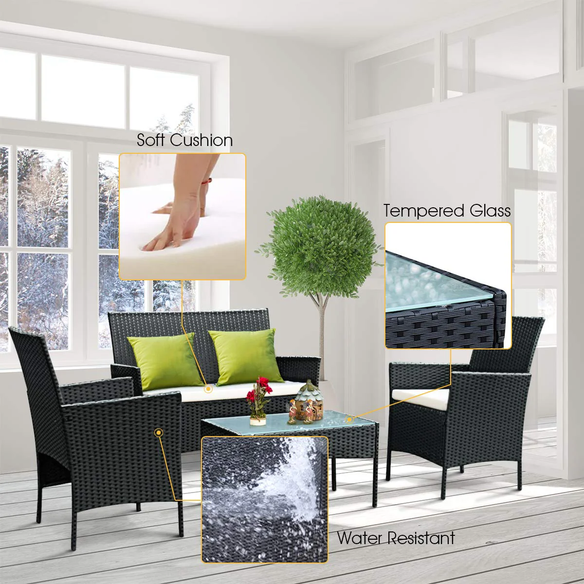 Rattan Sofa Furniture Set Outdoor Garden Patio 4-Piece Cushioned Seat Wicker (Black) - Image 4