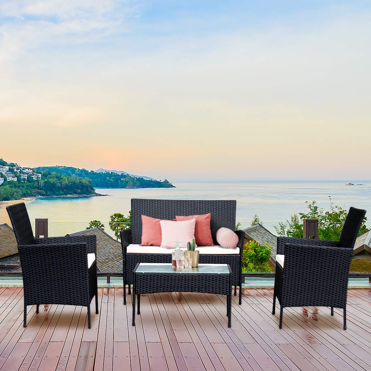 Rattan Sofa Furniture Set Outdoor Garden Patio 4-Piece Cushioned Seat Wicker (Black) - Image 6