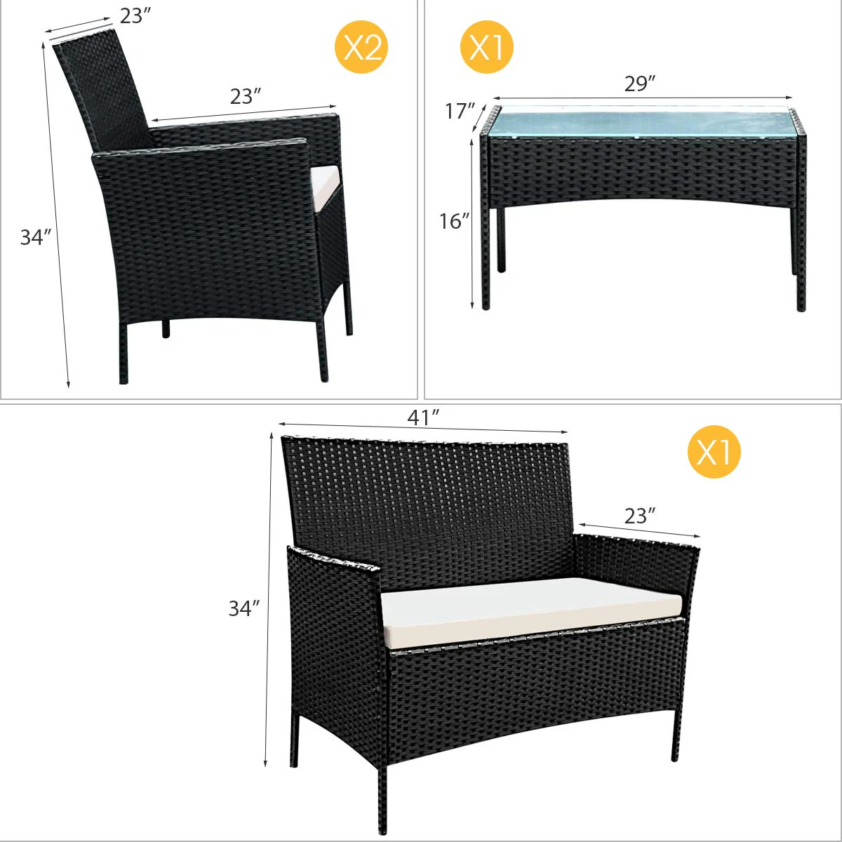 Rattan Sofa Furniture Set Outdoor Garden Patio 4-Piece Cushioned Seat Wicker (Black) - Image 7