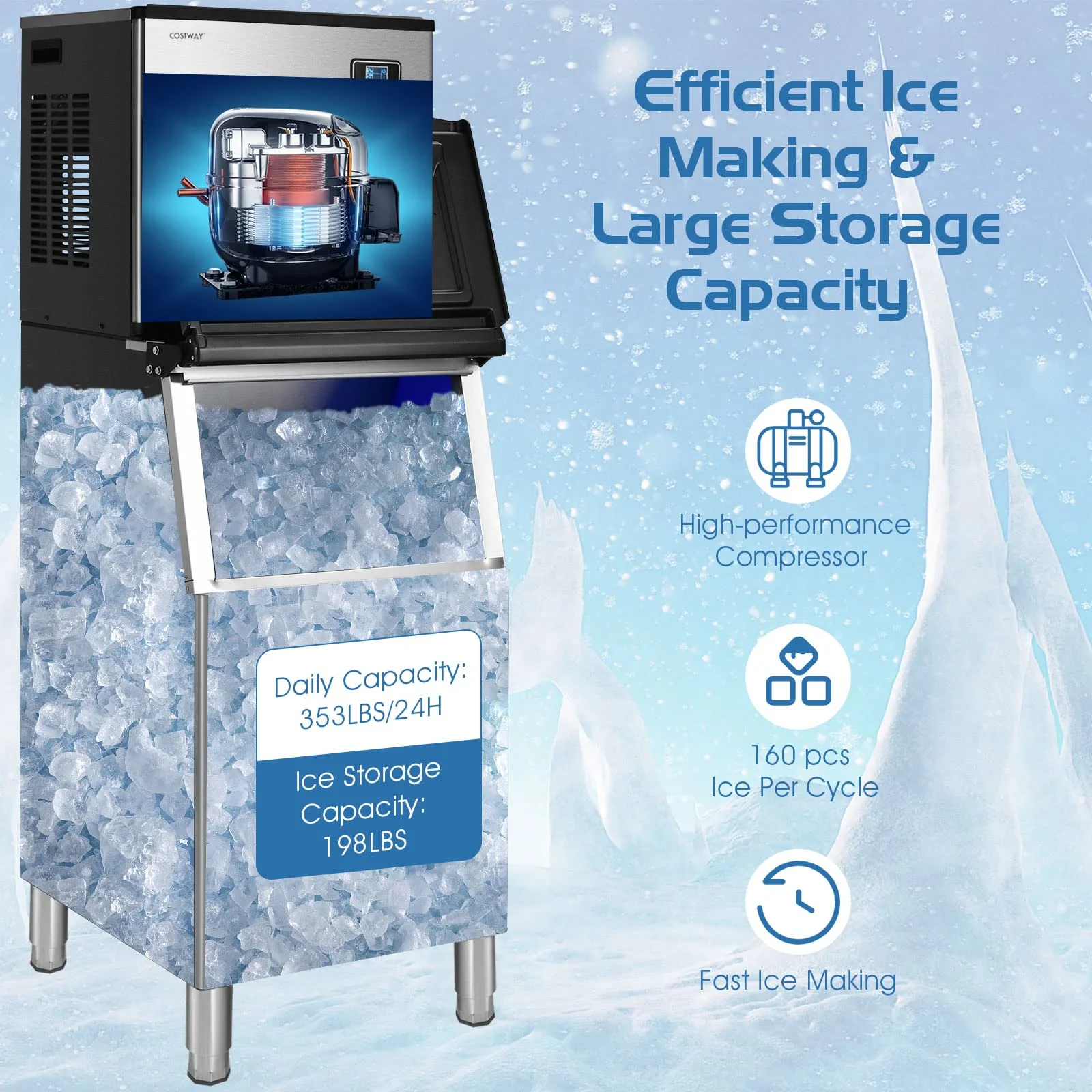 Split Commercial Ice Machine, 353LBS/24H Full-Automatic Vertical Industrial Modular Maker with 198 LBS Large Storage Bin - Image 6