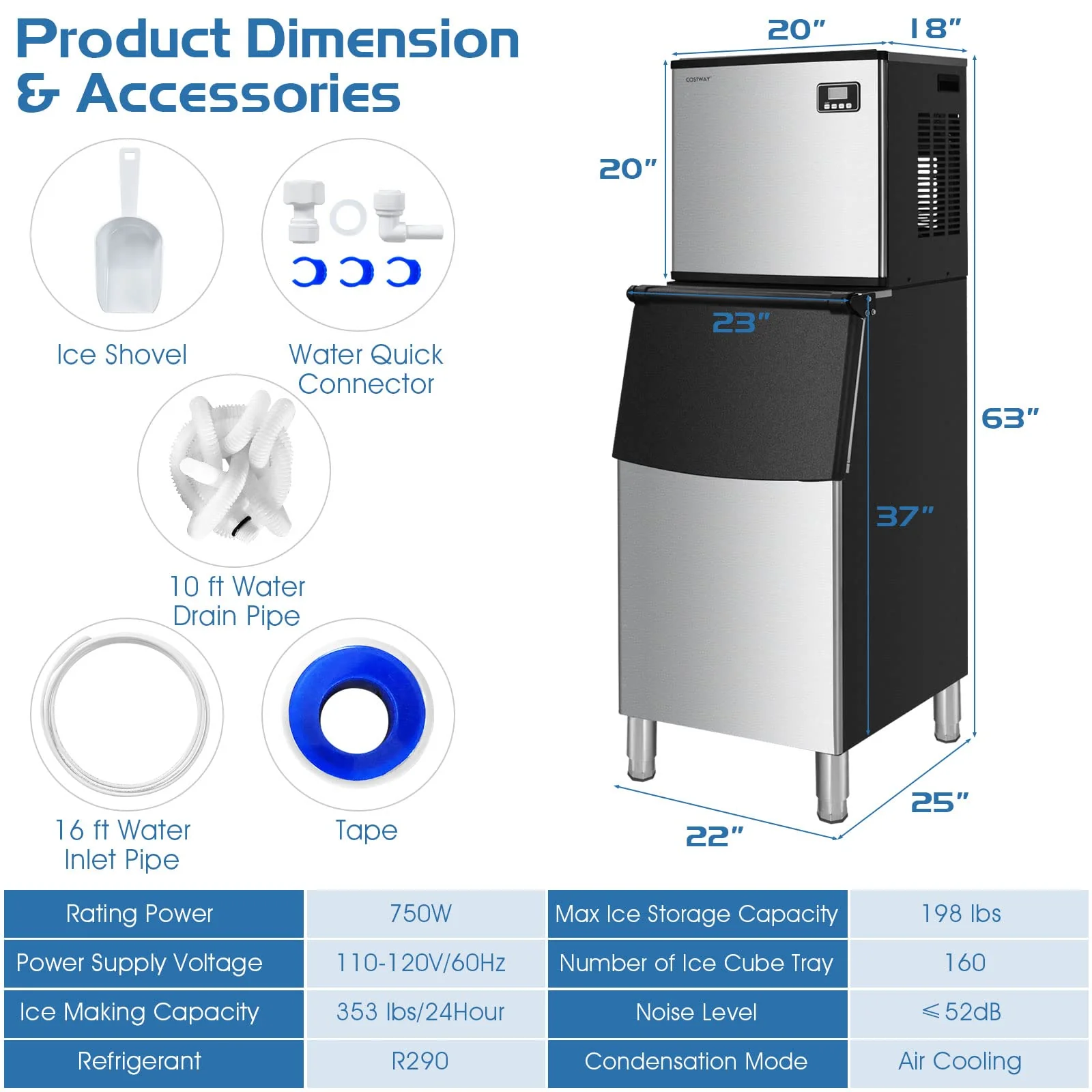 Split Commercial Ice Machine, 353LBS/24H Full-Automatic Vertical Industrial Modular Maker with 198 LBS Large Storage Bin - Image 7