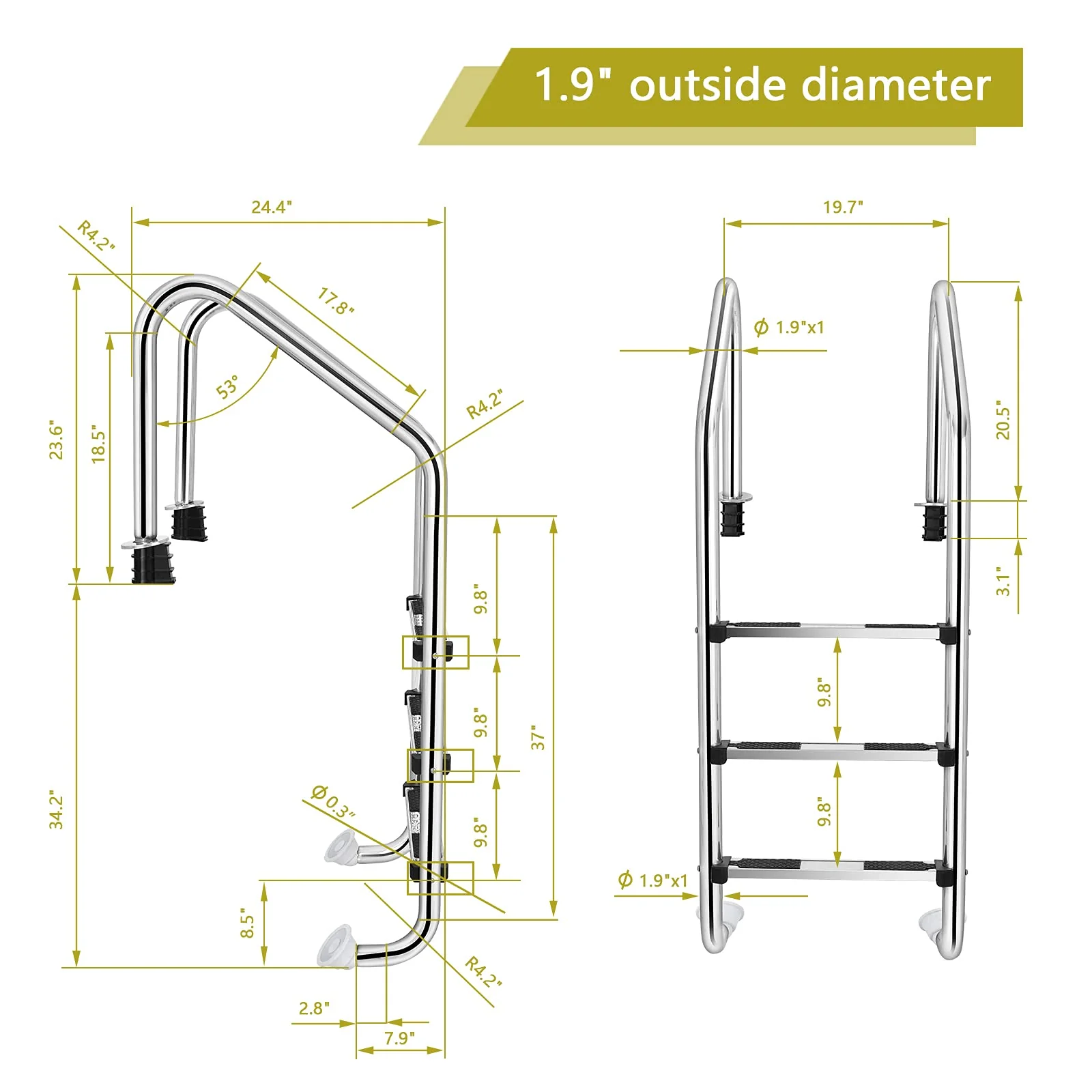 Swimming Pool Ladder, 3-Step In-Ground Stainless Steel Step for Indoor/Outdoor Pool - Image 9
