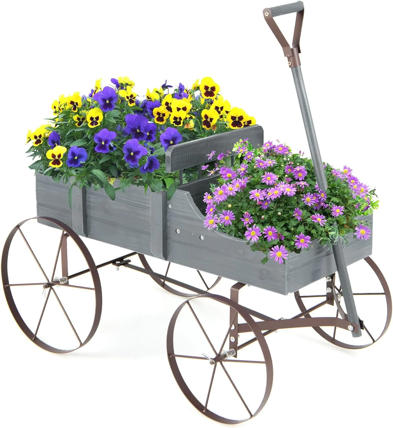 Wagon Planter, Decorative Wooden Garden Planter with Wheels - Image 12