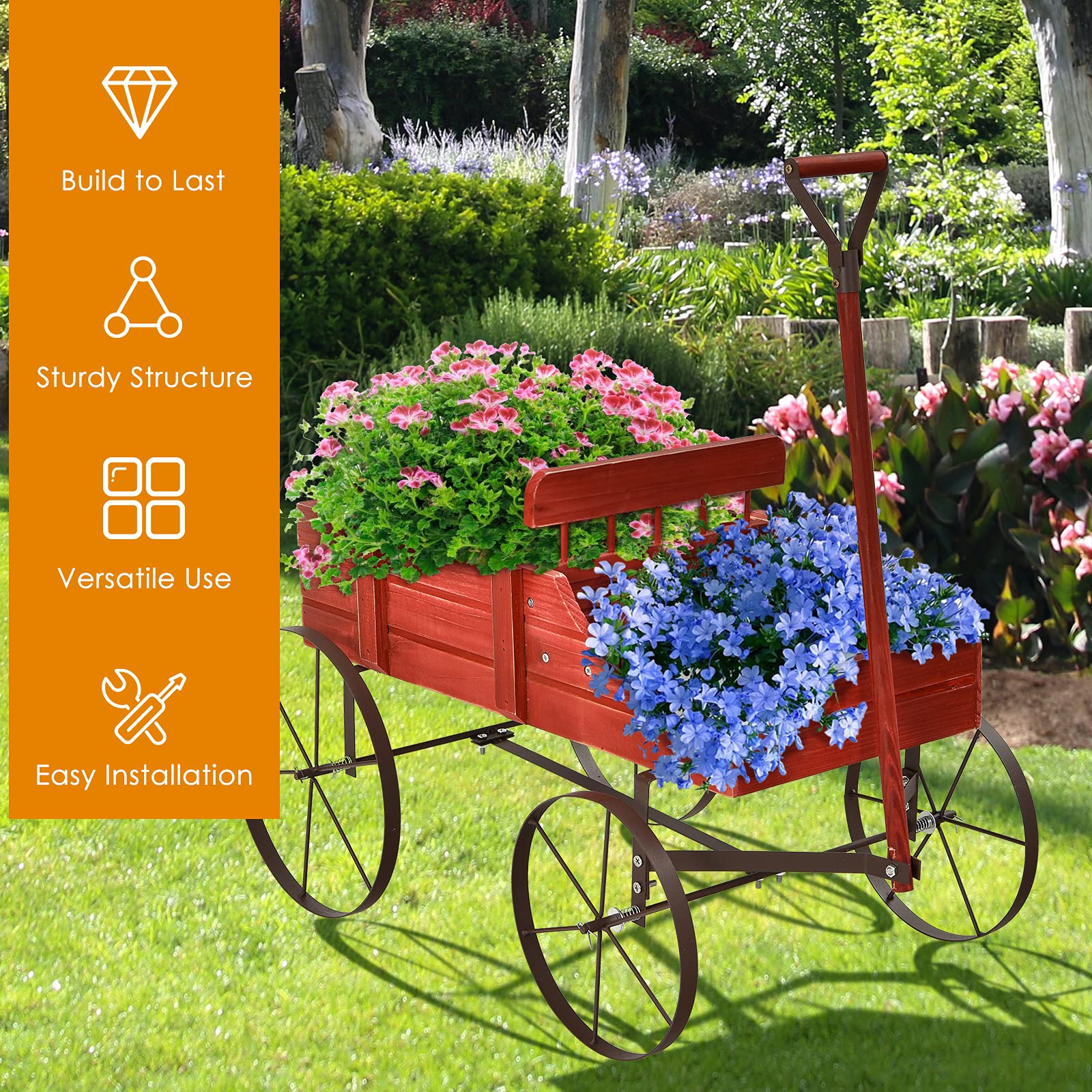 Wagon Planter, Decorative Wooden Garden Planter with Wheels - Image 3