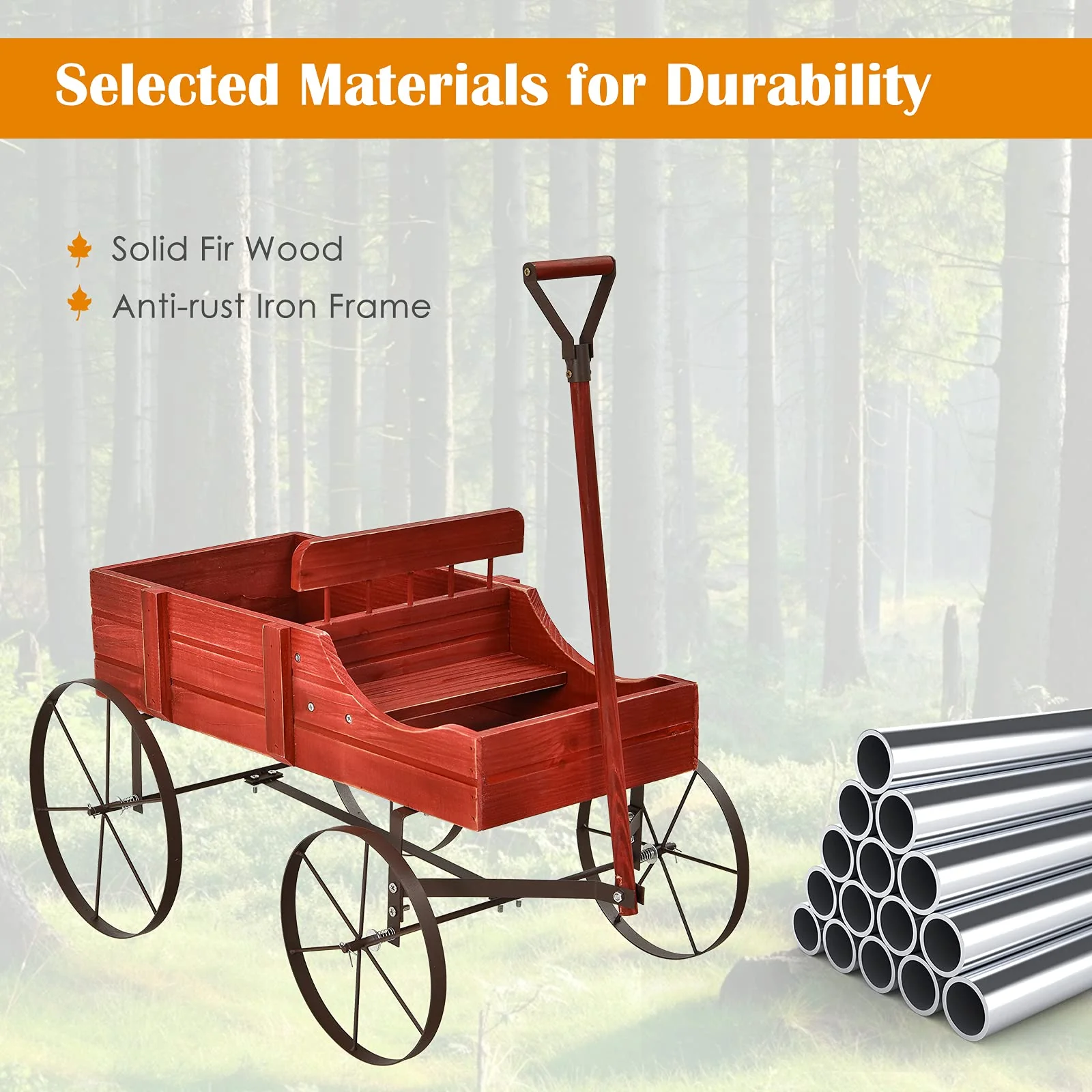Wagon Planter, Decorative Wooden Garden Planter with Wheels - Image 4