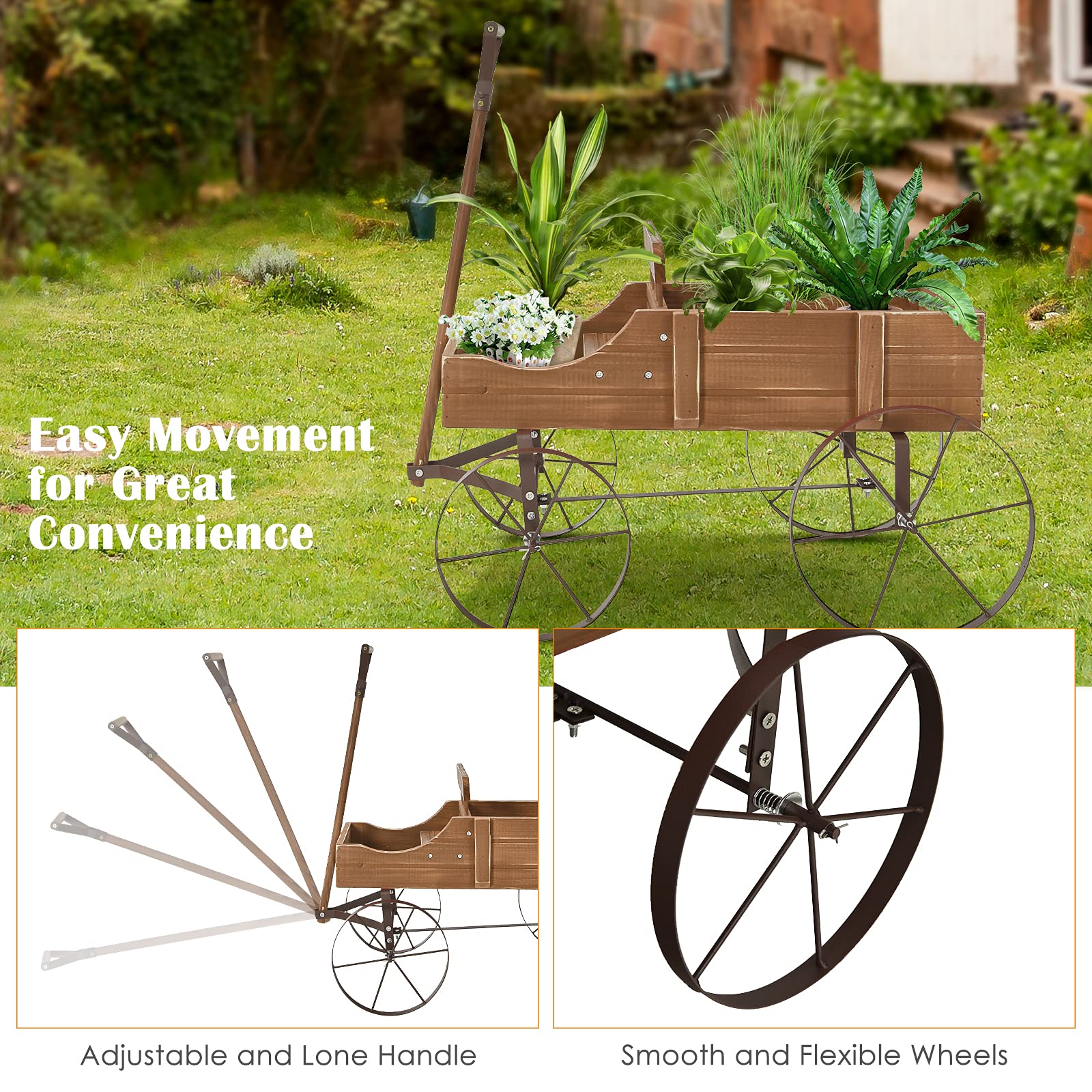 Wagon Planter, Decorative Wooden Garden Planter with Wheels - Image 5