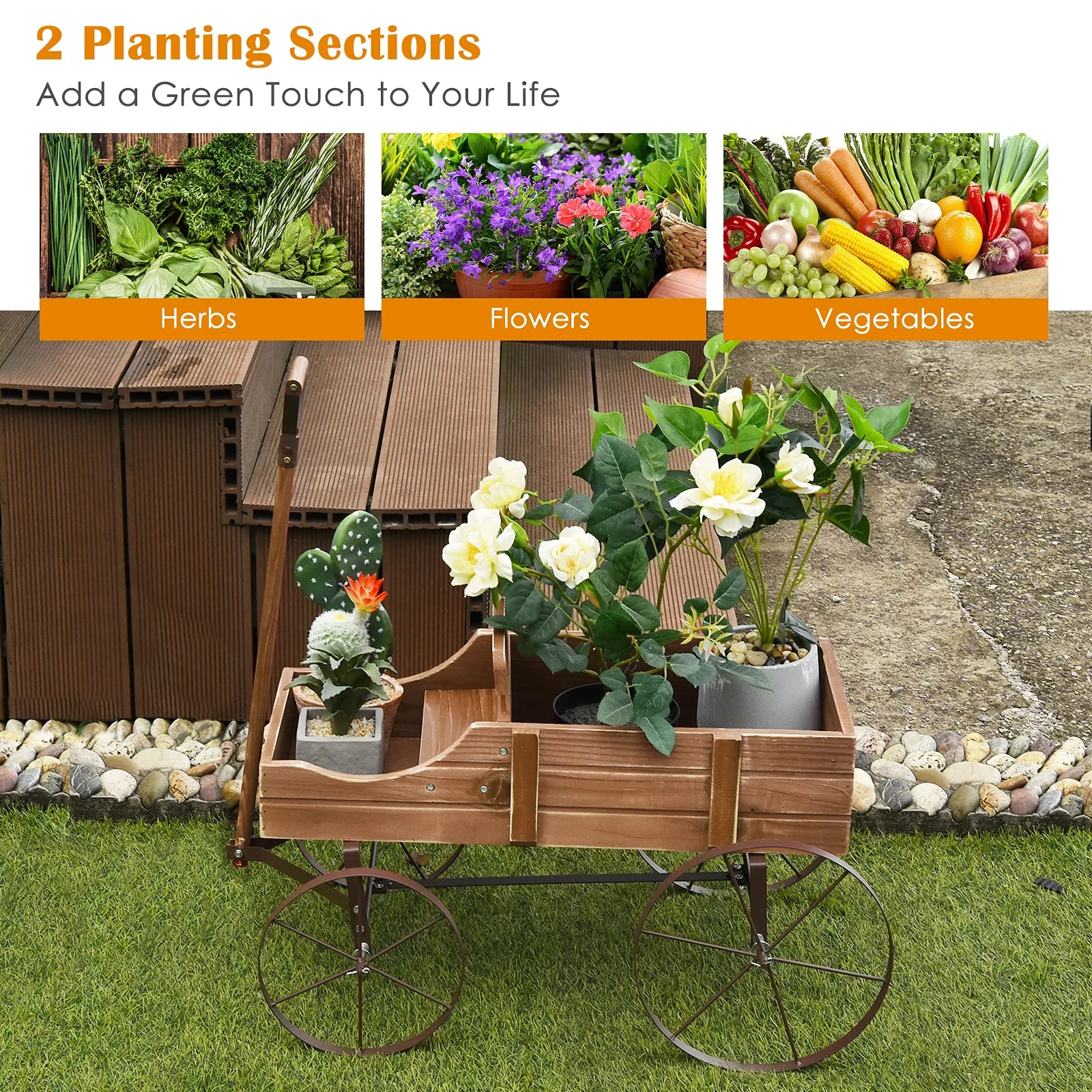 Wagon Planter, Decorative Wooden Garden Planter with Wheels - Image 6