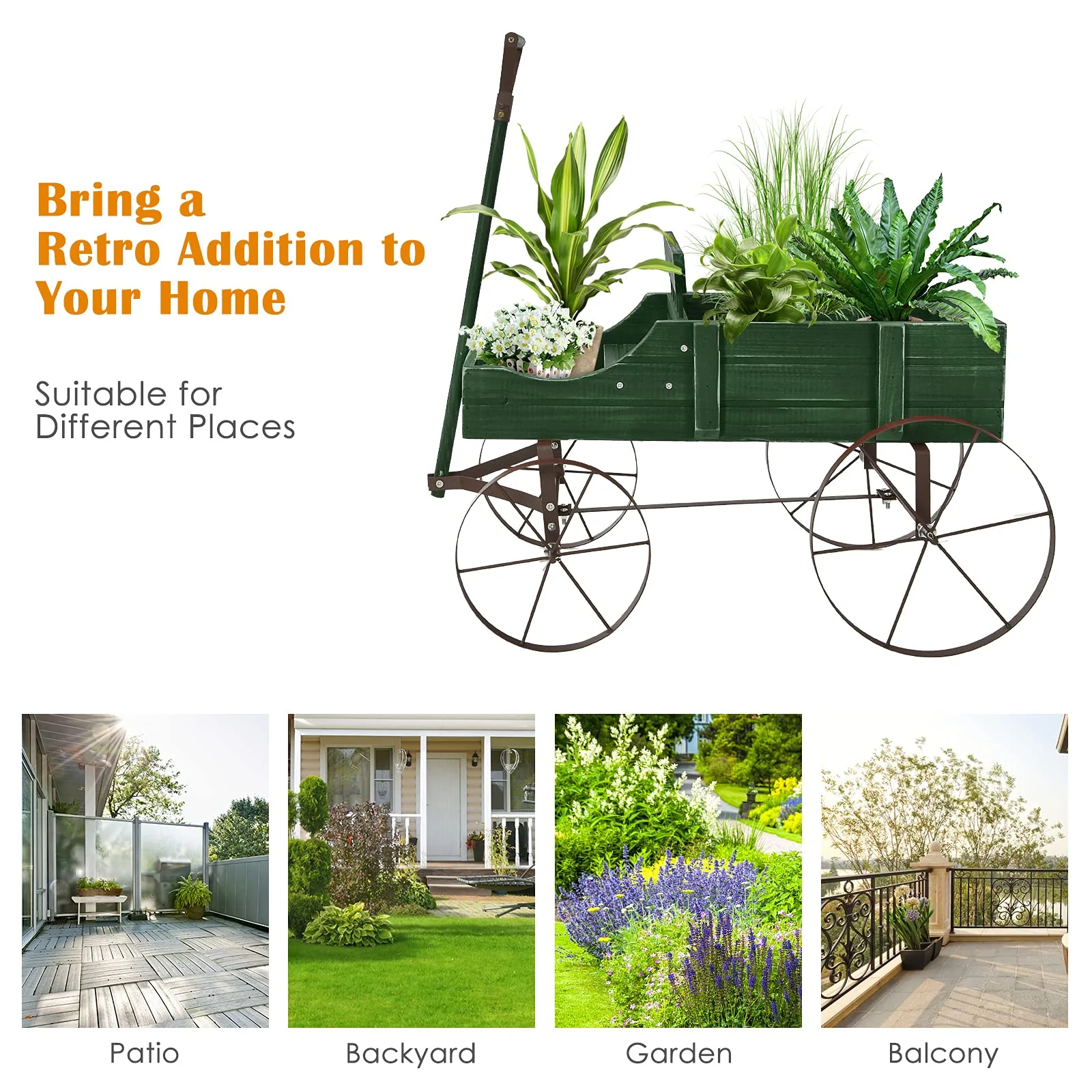 Wagon Planter, Decorative Wooden Garden Planter with Wheels - Image 7