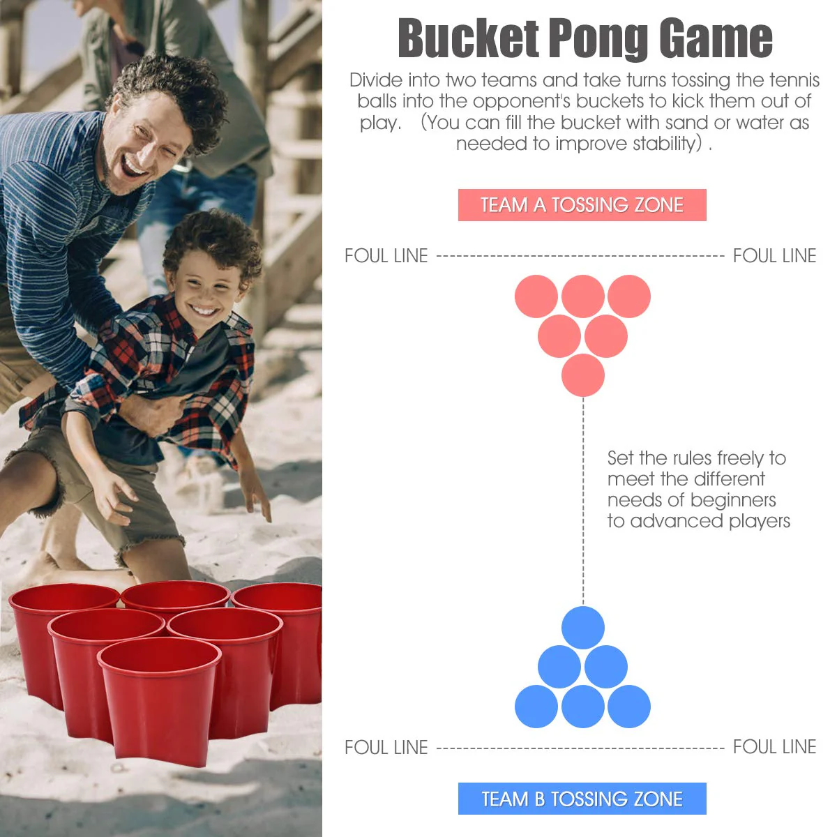 Yard Pong, Giant Pong Game Set with 12 Buckets, 2 Balls and a Carry Bag - Image 4